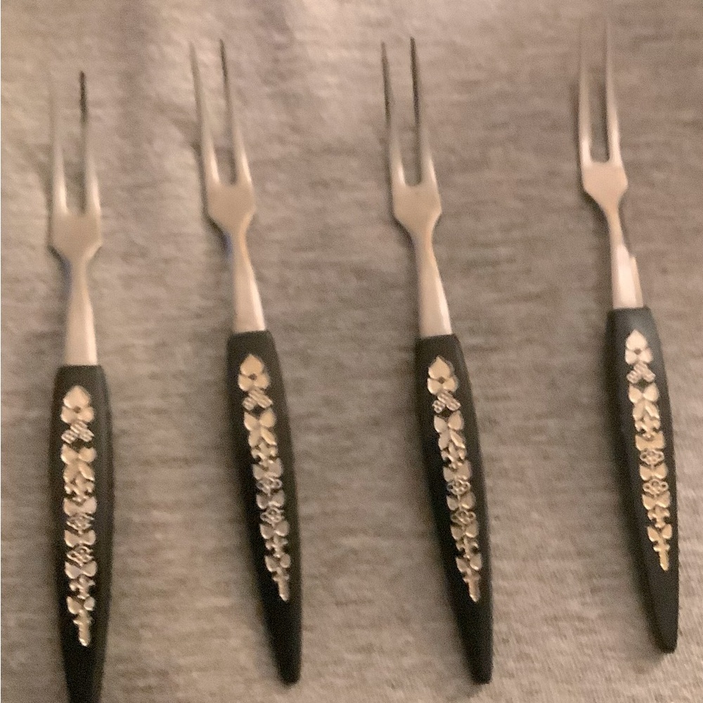 Five Unbranded Stainless Steel 4” Black & Gold Olive Forks